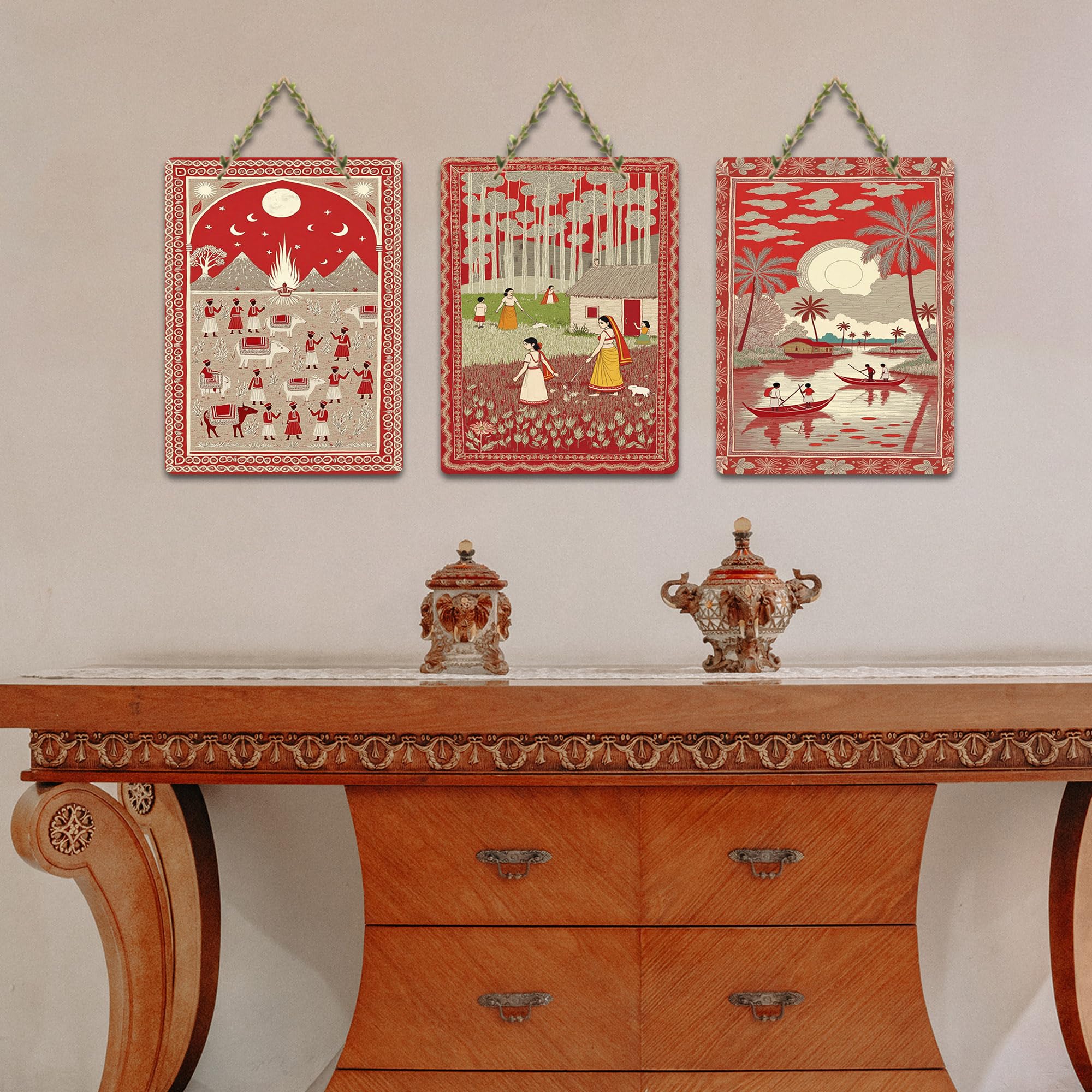Artvibes Cultural Folk Life Wooden Wall Hanger for Home Decor | Festive Decor Art | Decoration Wall Hanging Items | Wall Sculpture | Wall Poster | Aesthetic Wall Art | Ideal Gift (WH_9673N), Set of 3