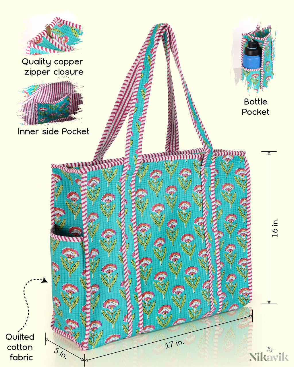 NIKAVIK Quilted Cotton Jaipuri Tote bag (with seperate Bottle Pocket & Zip) – Exotic Animal Print Foldable and Ideal for Travel Shopping Beach Trips or Daily Essentials (Aqua Blue Pink)