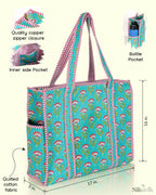 NIKAVIK Quilted Cotton Jaipuri Tote bag (with seperate Bottle Pocket & Zip) – Exotic Animal Print Foldable and Ideal for Travel Shopping Beach Trips or Daily Essentials (Aqua Blue Pink)