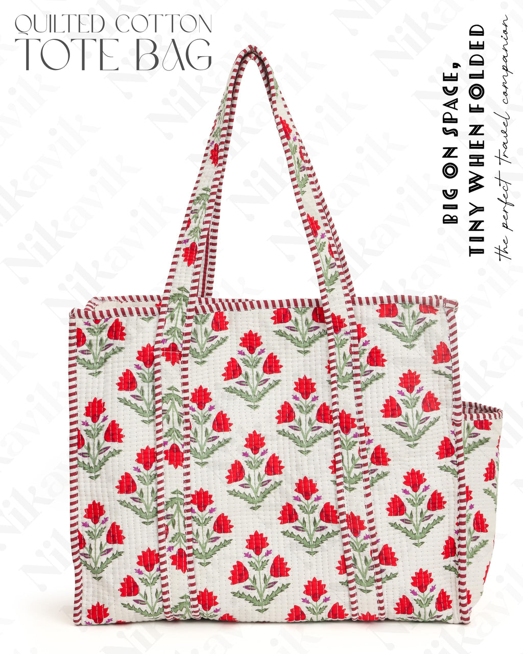 NIKAVIK Quilted Cotton Jaipuri Tote bag (with seperate Bottle Pocket & Zip) – Exotic Animal Print Foldable and Ideal for Travel Shopping Beach Trips or Daily Essentials (White Red)