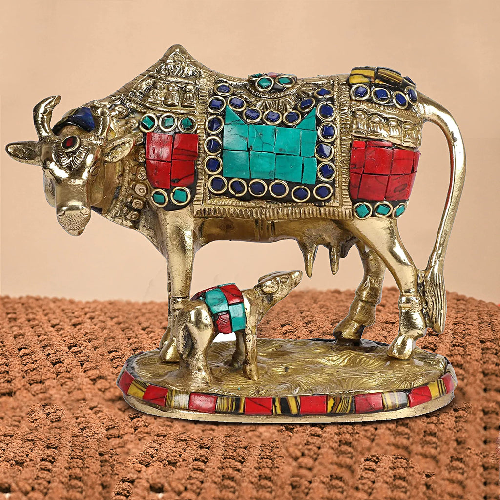 ARTVARKO Brass Unique Statue Idol Kamadhenu Cow God Idol Religious Sculpture Figurine Size: 6.50 X 5.50 Weight - 1.5 Kg