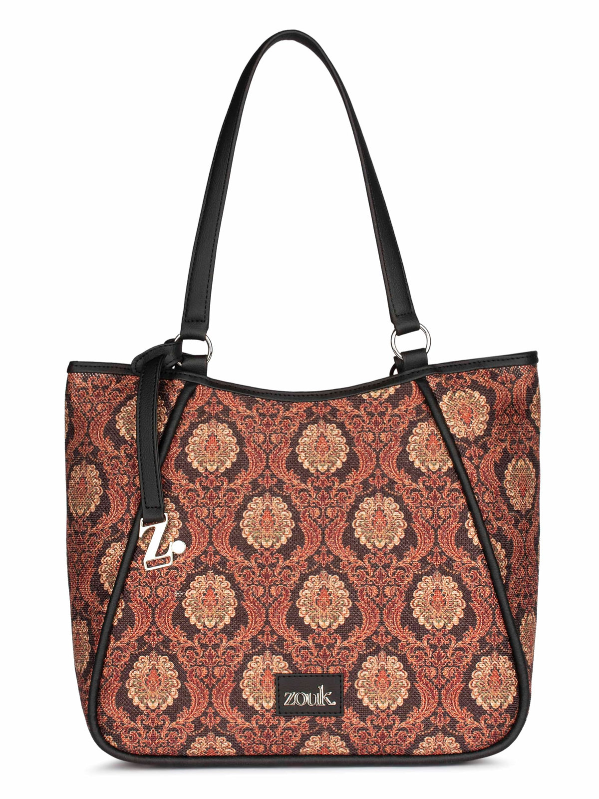 ZOUK Naisha Brown Motif Tote Bag for Women | Vegan Leather Large Shoulder Handbag with Bottle Holder, Multiple Pockets & Water-Resistant Lining | Office, Travel & Daily Use | Jodhpur Damask