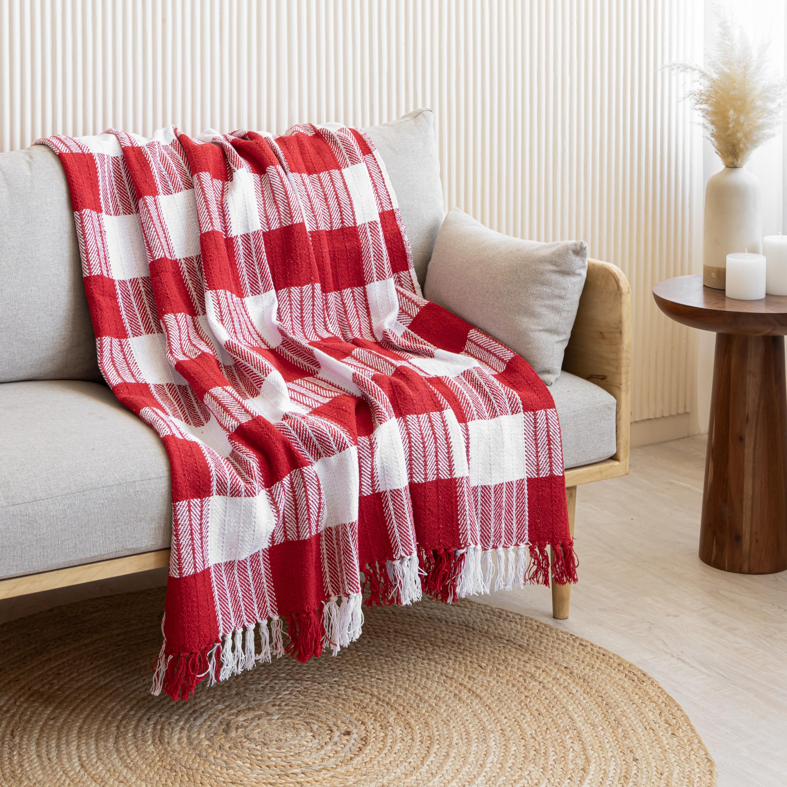 HOMEMONDE Cotton Throw for Sofa and Couch Luxury Hand Knitted Soft 50 x 60 Inch Throw Blanket - (Buffalo Red Checks)| TC - 200 Kafalo