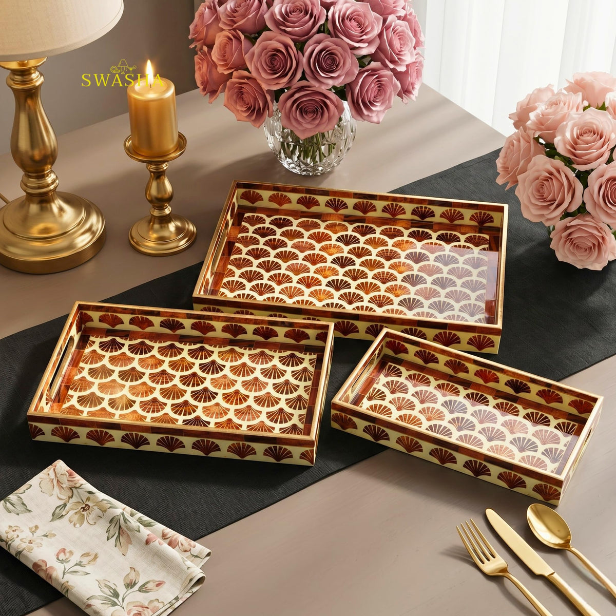 Swasha MDF Resin Decorative Tray, Set of 3, Ivory, Polished Finish, Rectangular, Modern Style, Nesting Serving Trays for Vanity and Dining (Brown Ivory)
