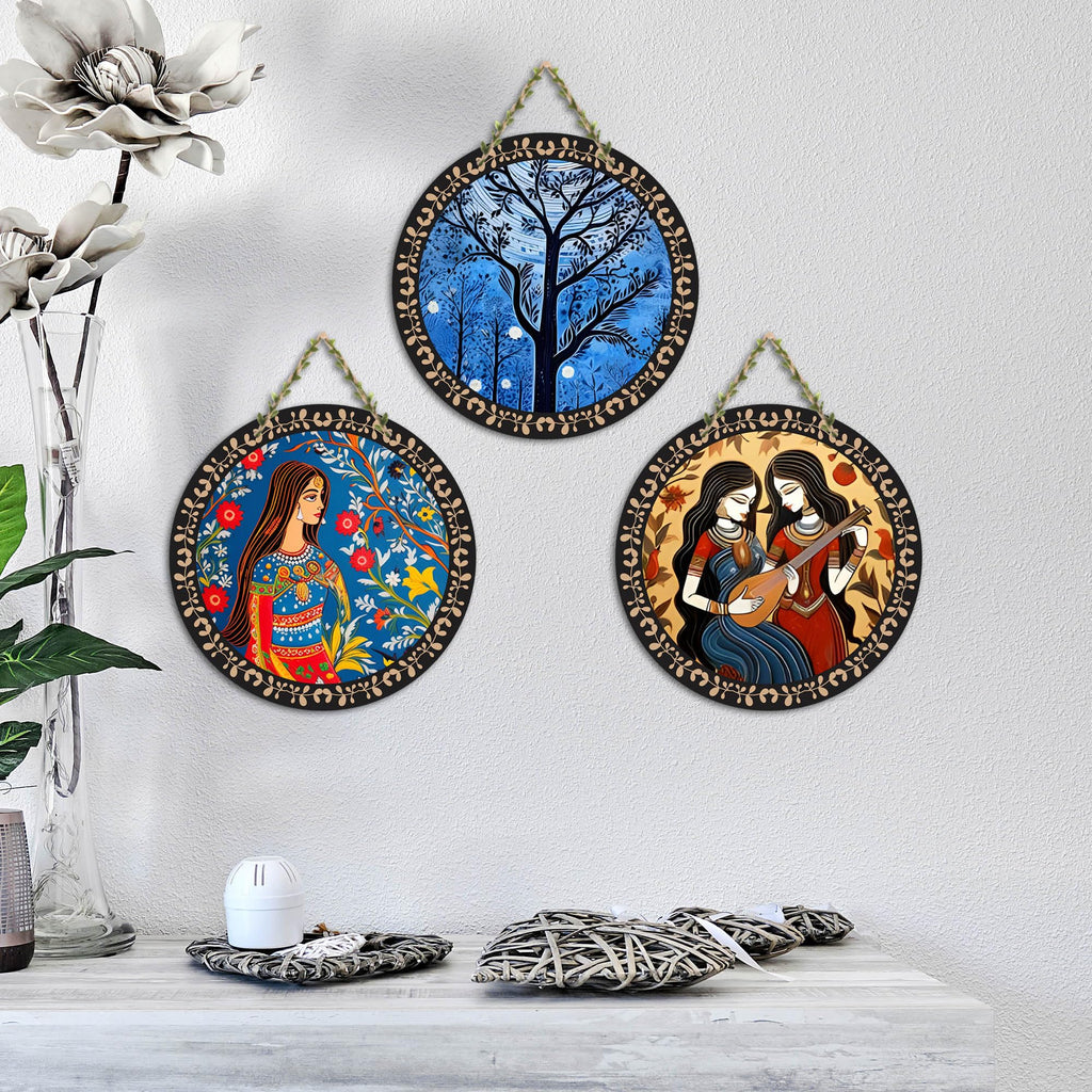 Artvibes Women Portrait Art Round Shape MDF Wooden Wall Decor Items | Living Room | Office | Cafe | Painting Wall Decor | Handcrafted Art | Wall Illustrations | Unique Gift (WH_9905N), Set of 3