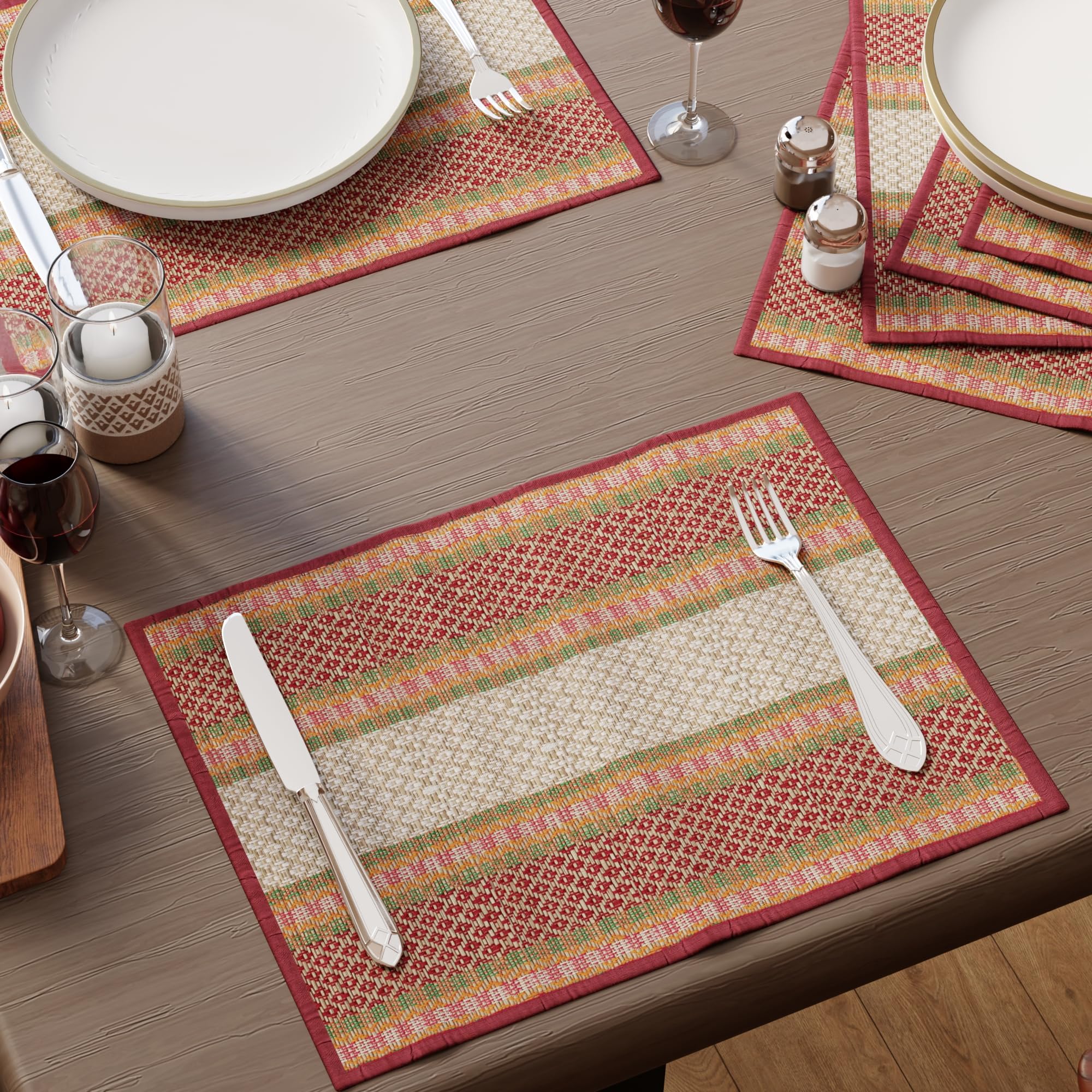 Encasa XO Handcrafted River Grass Table Placemats 4 Seater Red Kafalo