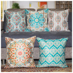 Vendola Decorative Satin Sofa Cushion Covers Set of 5, 20 Inch x 20 inch, Sofa Pillow Cover, Ethnic Festive, White and Blue, Mandala Design, Zipper Closure (Mandna, 20X20 Inches)