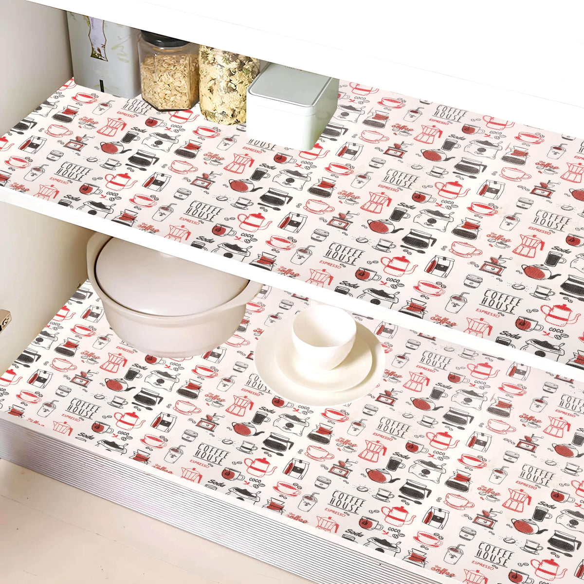 Kuber Industries Shelf Liner | EVA Kitchen Solid Cabinet Shelf Mat | Anti-Slip Bathroom Mat | Fridge Mat | Red Coffee House Wardrobe Mat | 3 Meter | White Kafalo