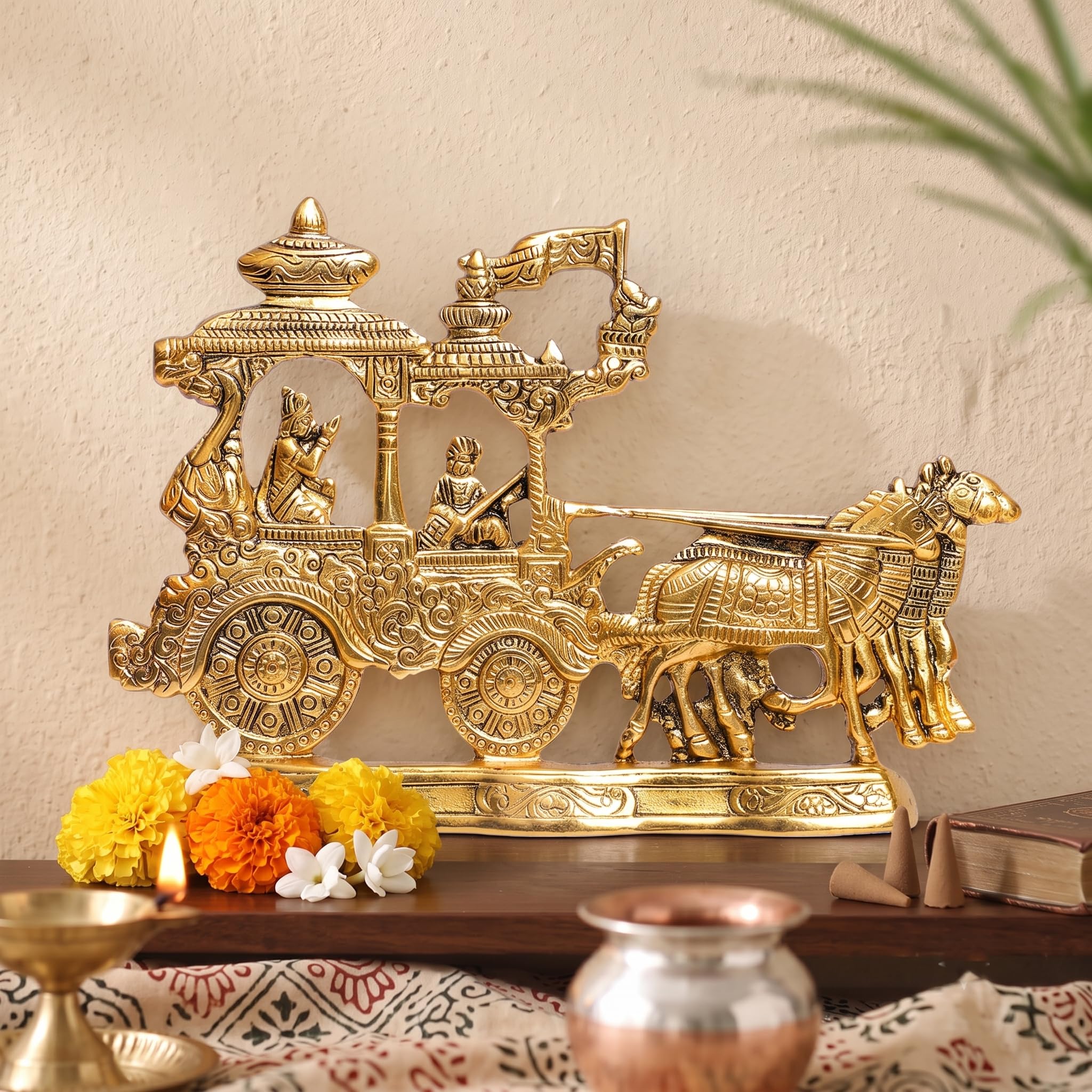 KridayKraft Lord Krishna and Arjun Rath Chariot with Two Horses Decorative Showpiece Metal Gold Plated Antique Krishna Arjuna Rath Wall Hanging & Table Corner Decor