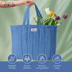 HOUSE OF ORLO Quilted 100% Cotton Waffle Weave Handmade Tote Bags with Zipper and Double Handles for Women Ideal for College, Travel, Work and Daily Use (Sky-Blue)
