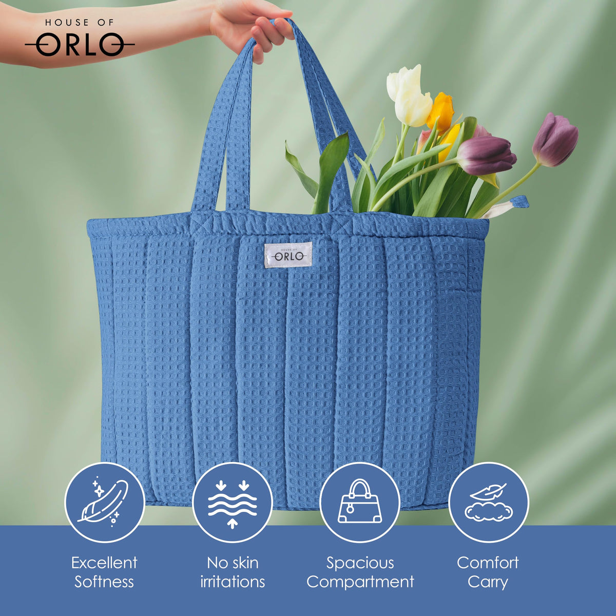 HOUSE OF ORLO Quilted 100% Cotton Waffle Weave Handmade Tote Bags with Zipper and Double Handles for Women Ideal for College, Travel, Work and Daily Use (Sky-Blue)