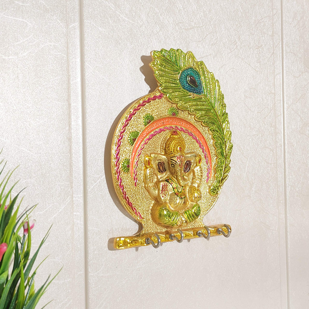 KridayKraft Metal Ganesha ji Key Holder with Meena Work Decorative for Wall | Ganesh Statue/Religious | Idol/Wall Hanging (Ganesh Pankhi MENA)