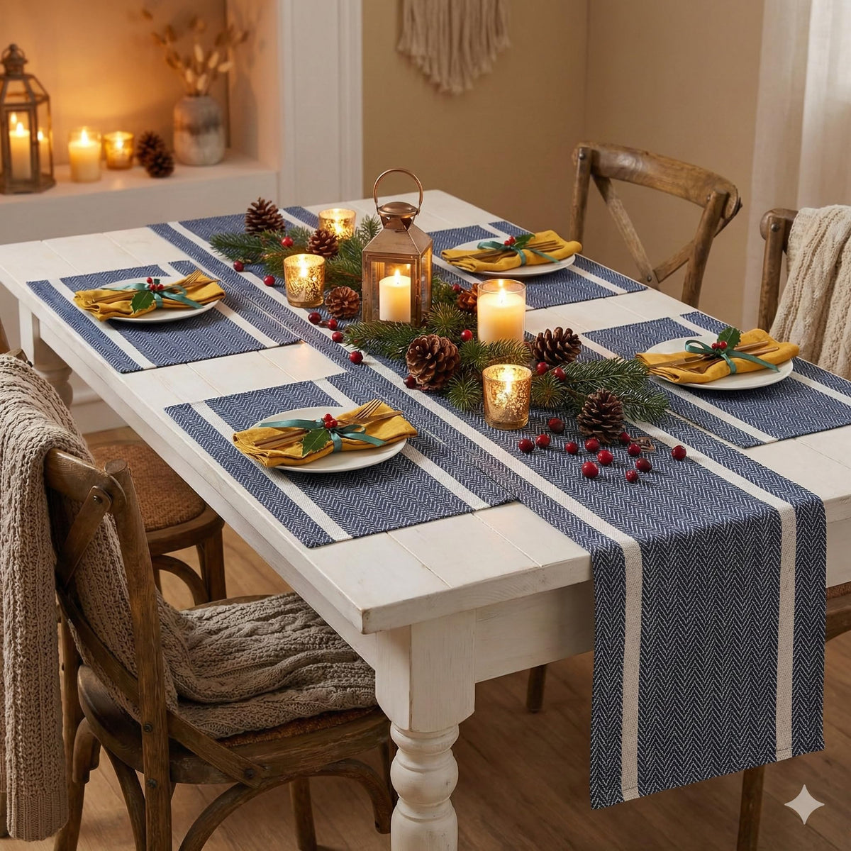 YELONA Dining Table Placemats and Runner Set - Heat Resistant, Washable, Stain Resistant Mats - Woven Vinyl Plastic - Easy to Clean-(45x30 cm 4 Placemats, 135x30 cm 1 Runner)-Ideal for Stylish Dining Kafalo
