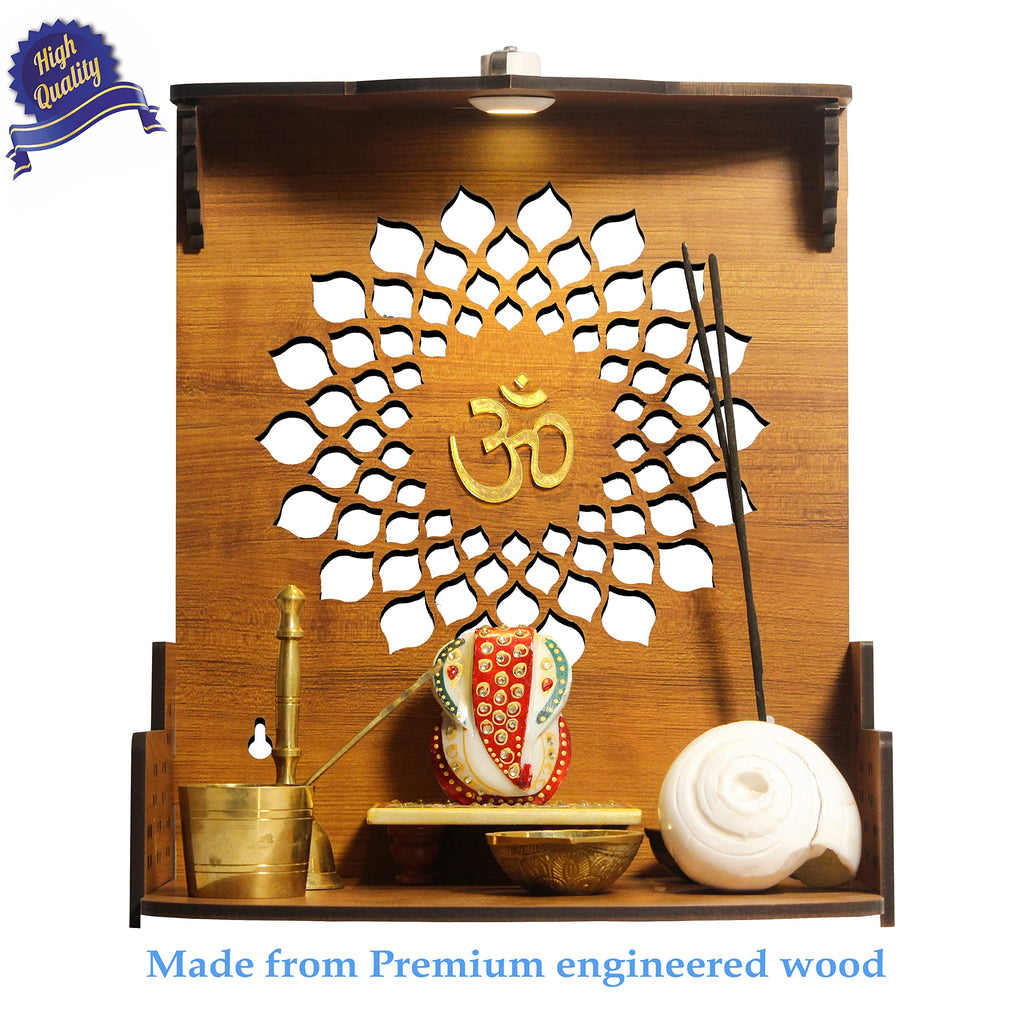 Heartily Aura Beautiful Wooden Pooja Stand Mandir for Home Temple for Office Puja Mandir for Home Wall with LED Spot Light Product (Height- 12, Depth- 8.6, Width-10.5 Inch) (Brown)