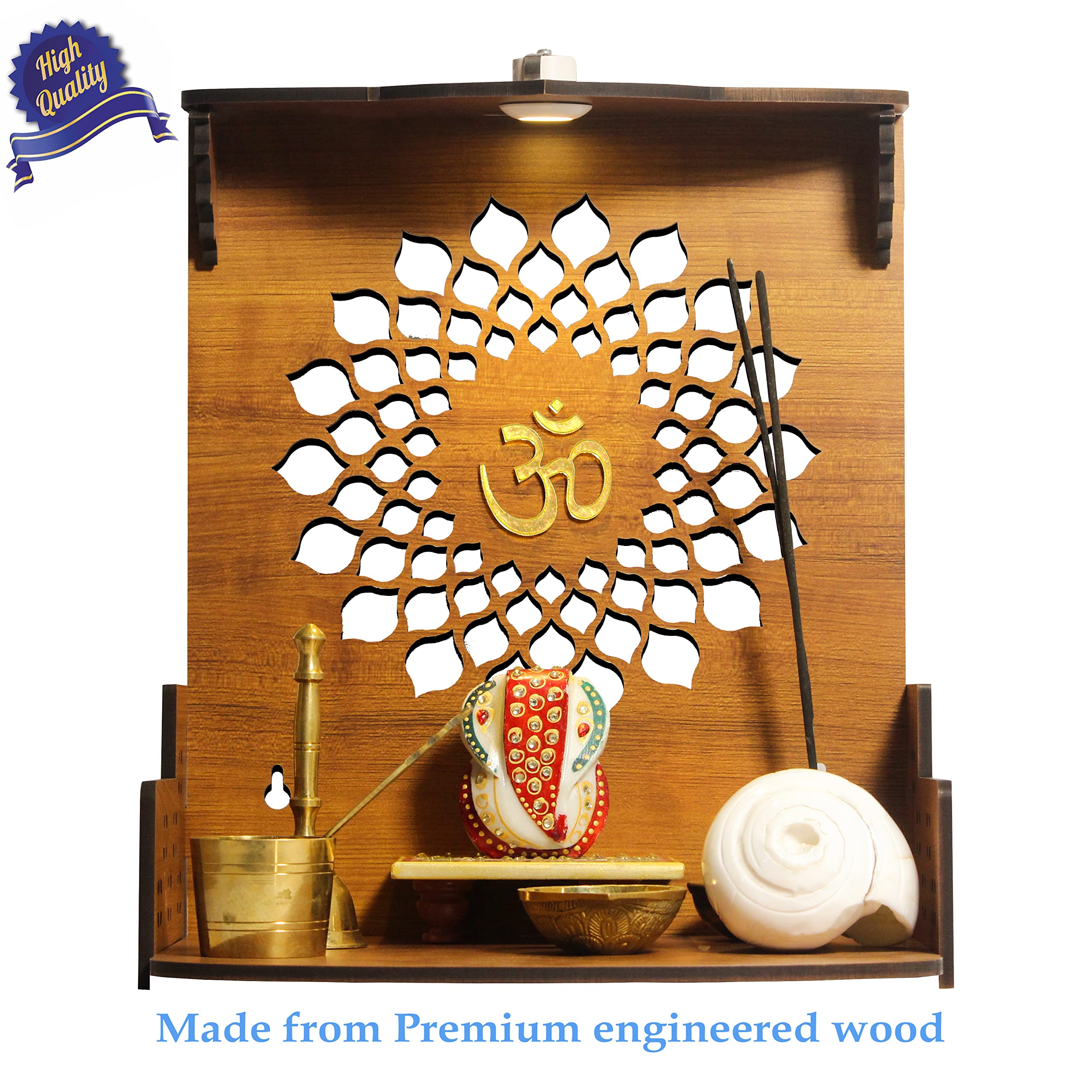Heartily Aura Beautiful Wooden Pooja Stand Mandir for Home Temple for Office Puja Mandir for Home Wall with LED Spot Light Product (Height- 12, Depth- 8.6, Width-10.5 Inch) (Brown)