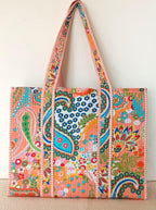 Cotton Tote bag for Women | Shoulder Bag | Durable Shopping bag | Reusable Grocery Bags | Eco friendly Bags| Handmade Cotton Bag | Stylish Quilted handBag |Vegan Tote Bag (PEACH MULT)