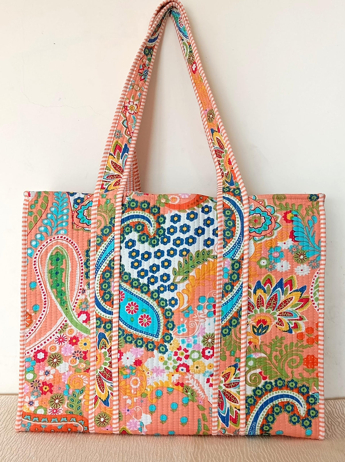 Cotton Tote bag for Women | Shoulder Bag | Durable Shopping bag | Reusable Grocery Bags | Eco friendly Bags| Handmade Cotton Bag | Stylish Quilted handBag |Vegan Tote Bag (PEACH MULT)