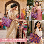 Storite Women’s Tote Bag with Pouch | Large Capacity Kashmir Blooms Printed Shoulder Handbag | Lightweight Travel Office Shopping College Carry Bag with PU Leather Handles - Purple