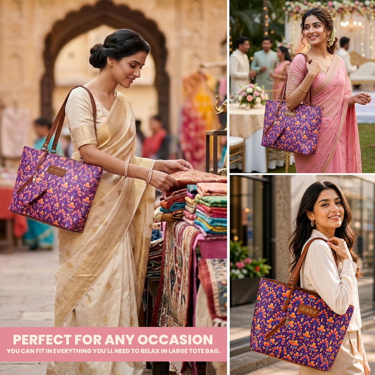 Storite Women’s Tote Bag with Pouch | Large Capacity Kashmir Blooms Printed Shoulder Handbag | Lightweight Travel Office Shopping College Carry Bag with PU Leather Handles - Purple