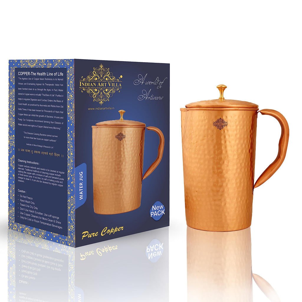 Indian Art Villa Hammered Lacqure Coated Copper Jug Pitcher with Brass Knob, Storage & Serving Water, Yoga Ayurveda Healing, Volume- 1000 ML