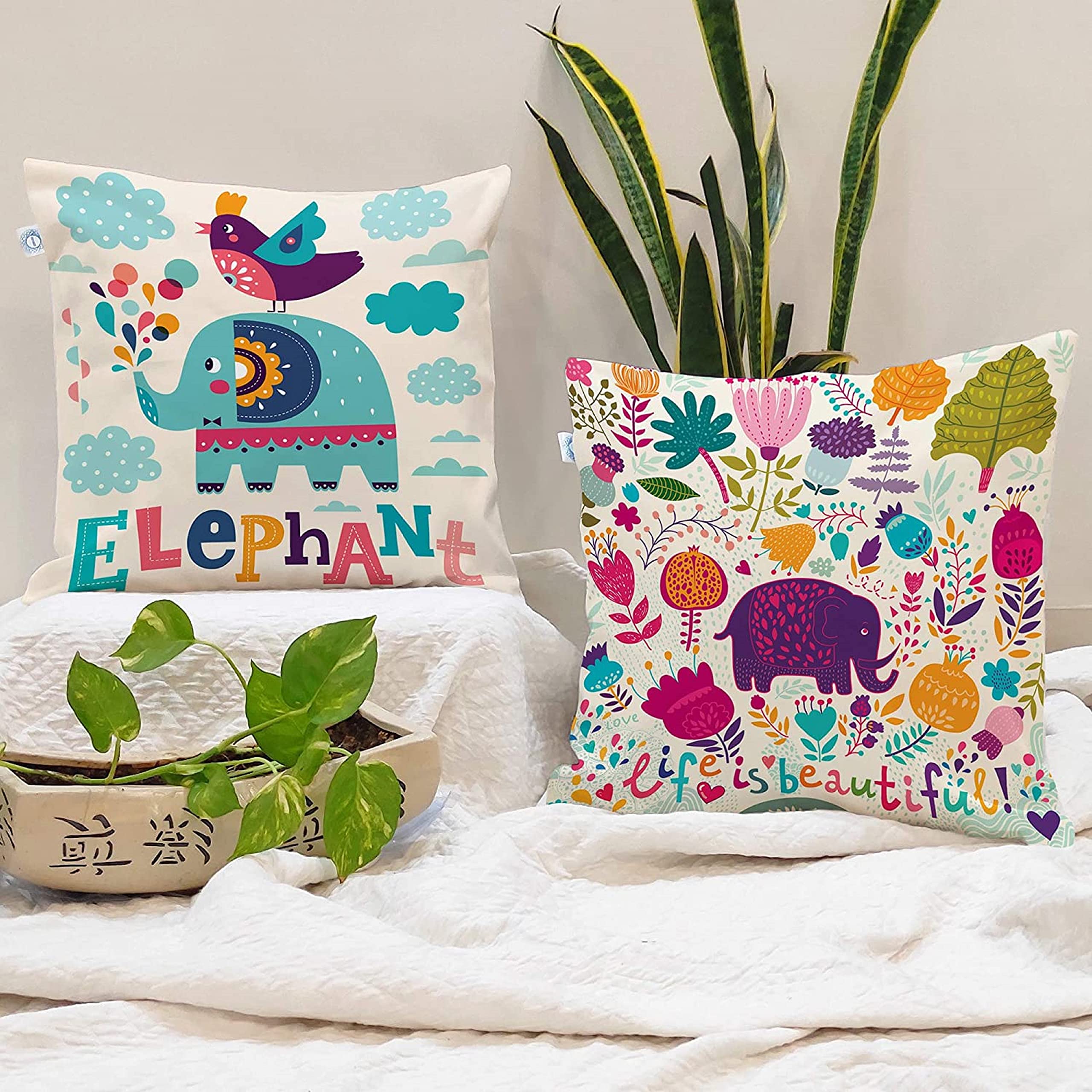 STITCHNEST Set of 2 Polycotton Cushion Covers – 24x24 Inches – Multicolor Elephant & Jungle Design – Fun and Vibrant Covers for Kids' Room, Sofa, or Living Area