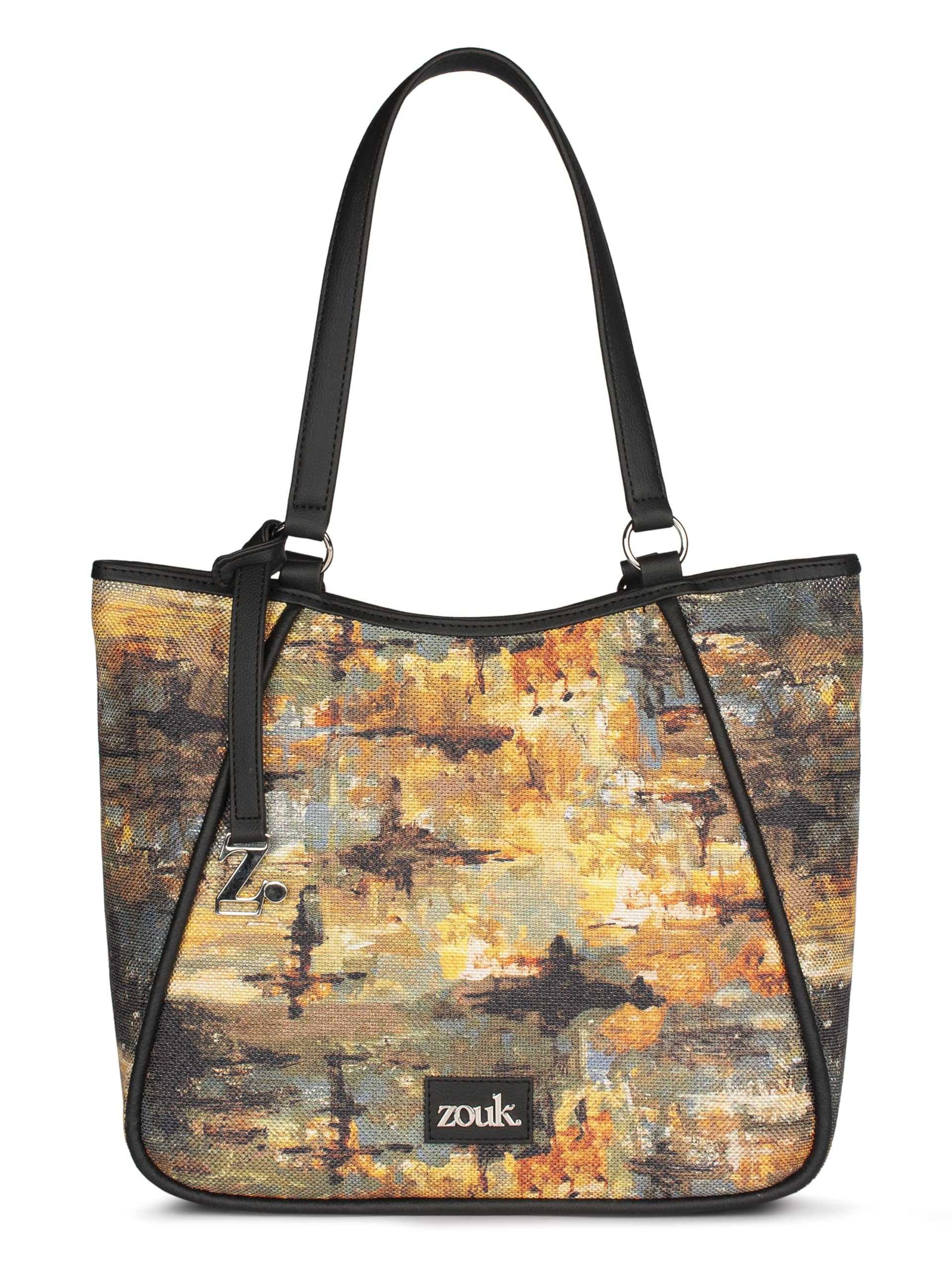 ZOUK Naisha Multicolor Abstract Tote Bag for Women | Vegan Leather Large Shoulder Handbag with Bottle Holder, Multiple Pockets & Water-Resistant Lining | Office, Travel & Daily Use | Bombay Tapestry
