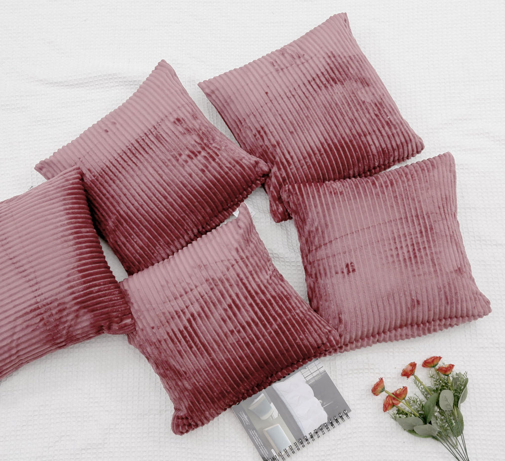 RD TREND® Cushion Cover Set of 5, Decorative Sofa Living Room Home Square Cushion Covers 16 Inch x 16 Inch, Aesthetic Corduroy Striped Double Sided (Wine,Pack of 5)