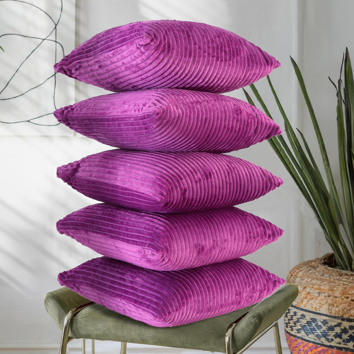 RD TREND® Cushion Cover Set of 5, Decorative Sofa Living Room Home Square Cushion Covers 24 Inch x 24 Inch, Aesthetic Corduroy Striped Double Sided (Dark Pink,Pack of 5)