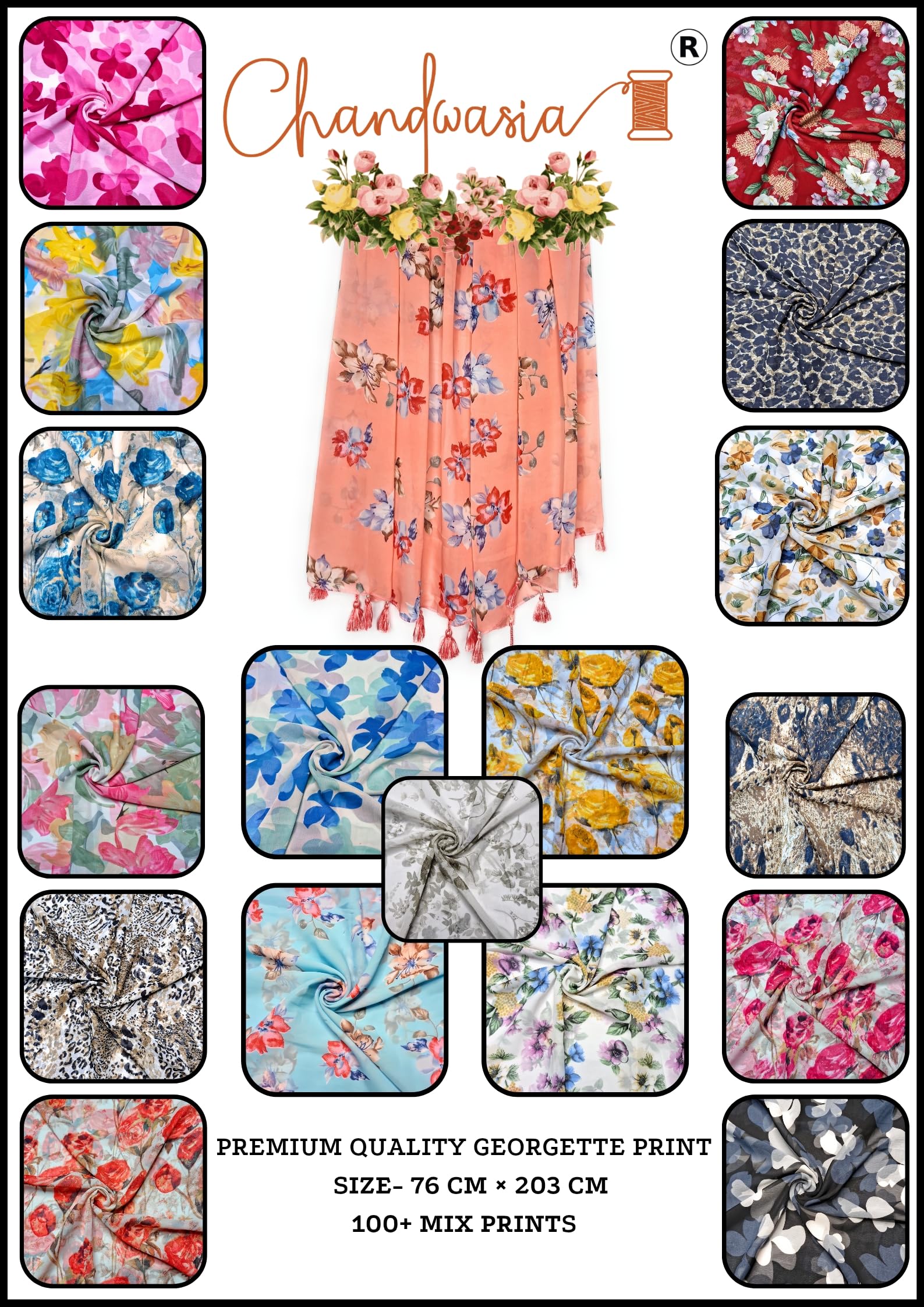 Chandwasia Fashion Floral Printed Scarf | Neck Shoulder Head Wrap Styling Dupatta Use | Polyester Chiffon Fabric Tassel Border Lightweight Soft Texture Pattern Women - Sky Blue
