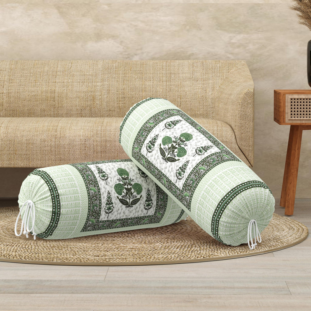 BLOCKS OF INDIA Cotton Hand Block Printed Bolster Cover | Booster Cover with Drawstring | Round Long Pillow Cover for Bed | Dewan Pillow Cover Set 16 X 32 | Set of 2 (Color 25)