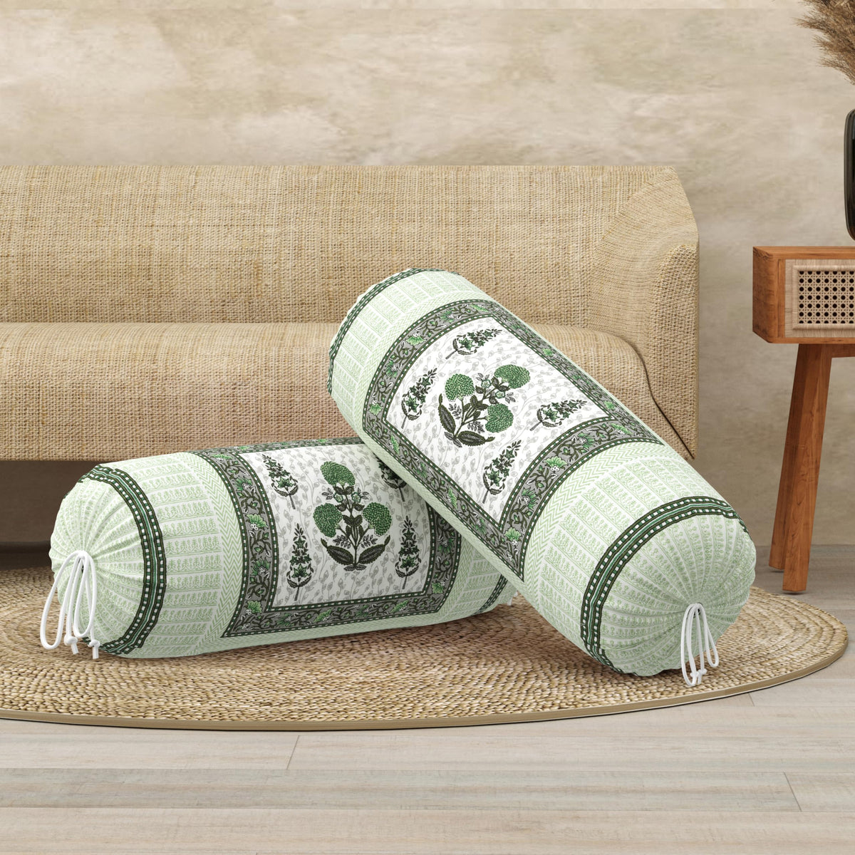 BLOCKS OF INDIA Cotton Hand Block Printed Bolster Cover | Booster Cover with Drawstring | Round Long Pillow Cover for Bed | Dewan Pillow Cover Set 16 X 32 | Set of 2 (Color 25)
