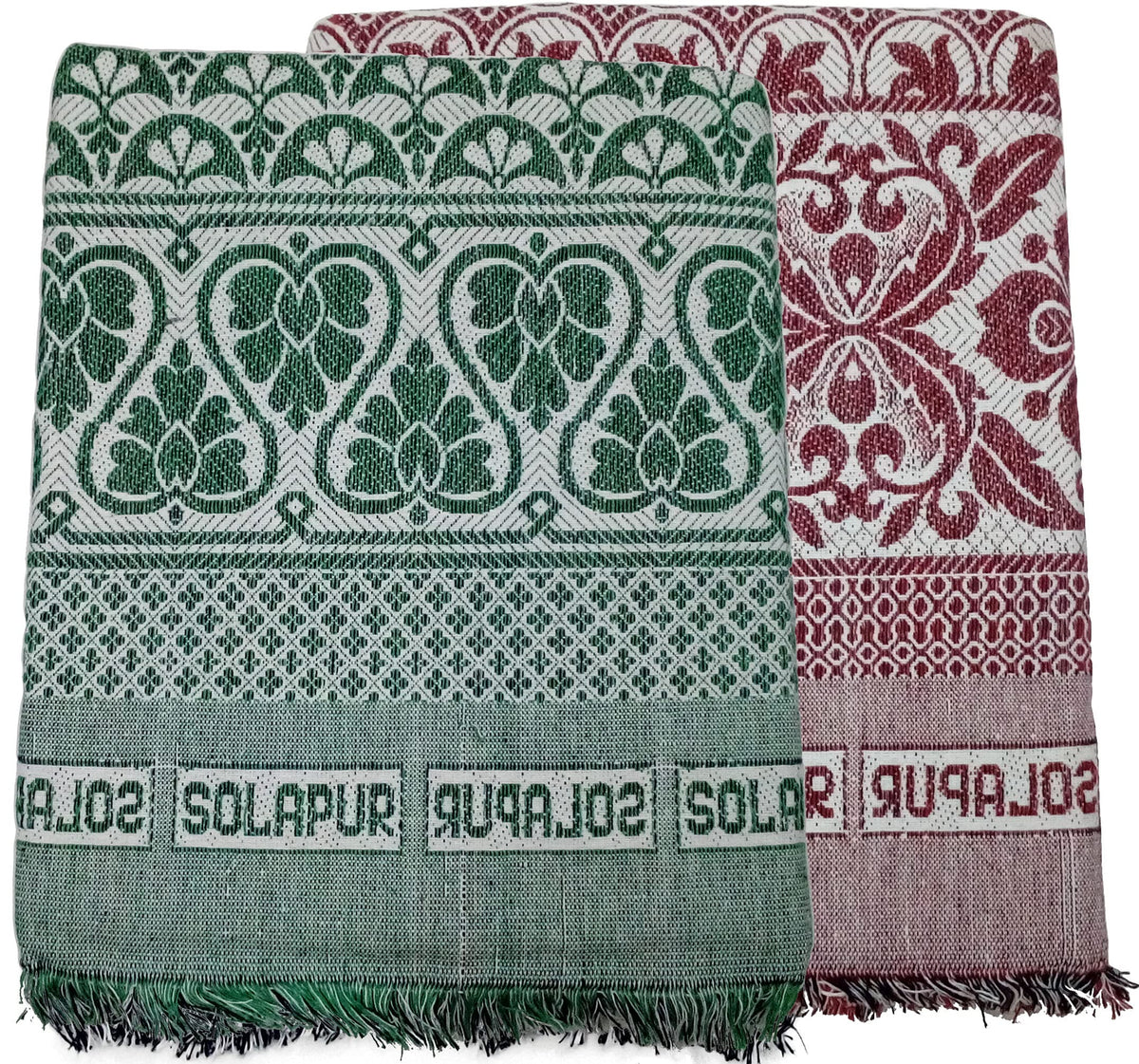 Cotonine - Cotton Single Size Solapur Chaddar Blanket, Green & Red, Pack of 2, breathable Kafalo
