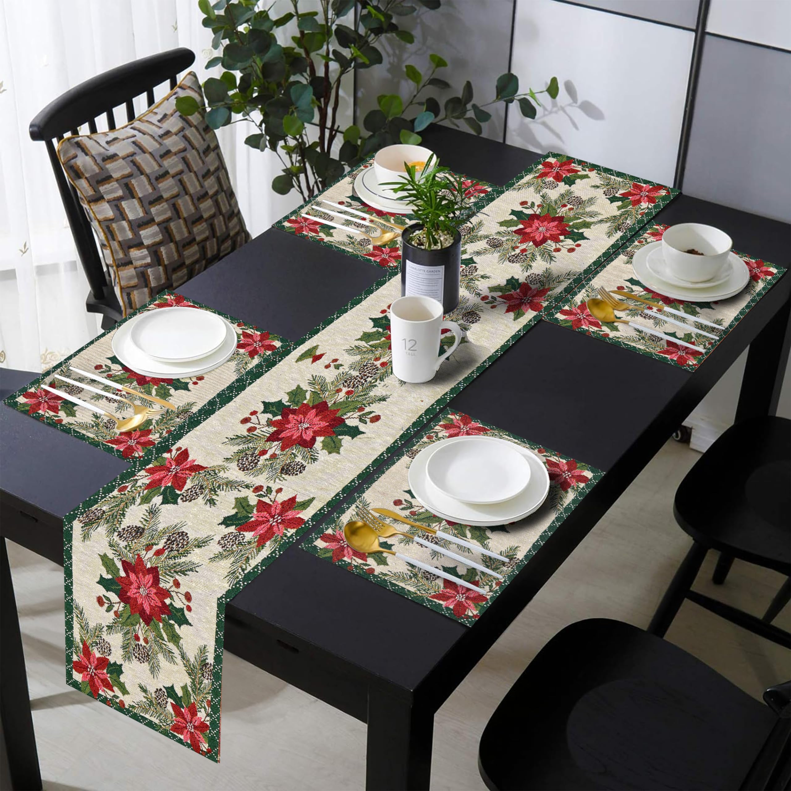 PRAKARTIK BY INDUARTS Red Flower Green Border Christmas Eco-Friendly Cotton Dining Rectangular Table Mat with Runner - Reusable, Machine Washable, Everyday Use Red & Green (Set of 4+180 cm Runner) Kafalo