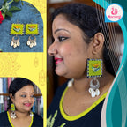 Mornny Kukku Bird Handcrafted Earrings, Boho Style with Cowrie Shell Danglers, Traditional Design, Green and Yellow, Birthdays Festivals