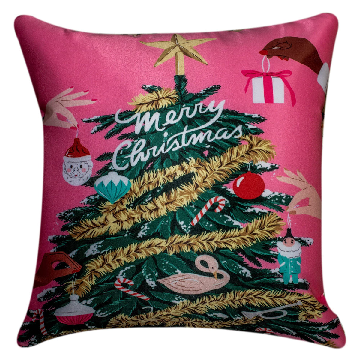 Vendola Decorative Merry Christmas Satin Cushion Cover 16 Inch x 16 Inch, Set of 5, 16 16, Sofa Pillow Cover Set for Home, Sofa & Living Room, Christmas Tree Print, Pink, 16X16 Inches