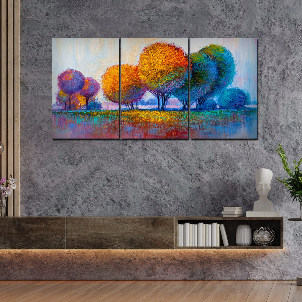VIBECRAFTS 3 Pieces Beautiful Round Trees Canvas Wall Painting Fitted With Wooden Frame For Home | Office | Living Room | Gifts(PTVC3Pcs3_11517)