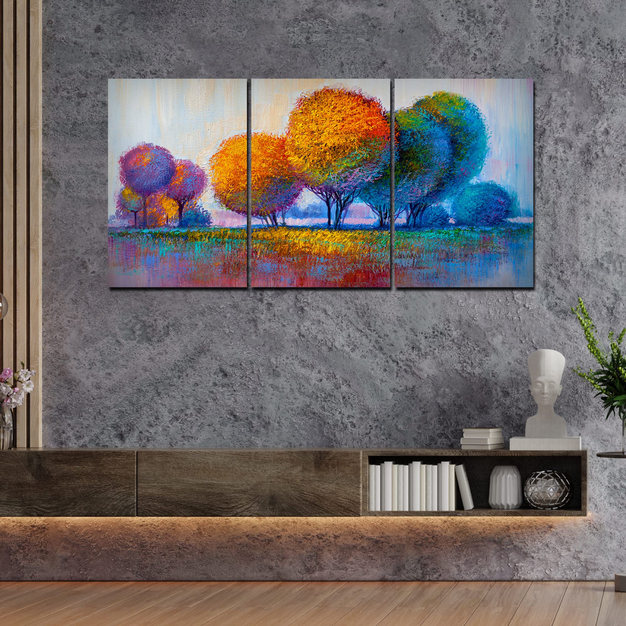 VIBECRAFTS 3 Pieces Beautiful Round Trees Canvas Wall Painting Fitted With Wooden Frame For Home | Office | Living Room | Gifts(PTVC3Pcs3_11517)