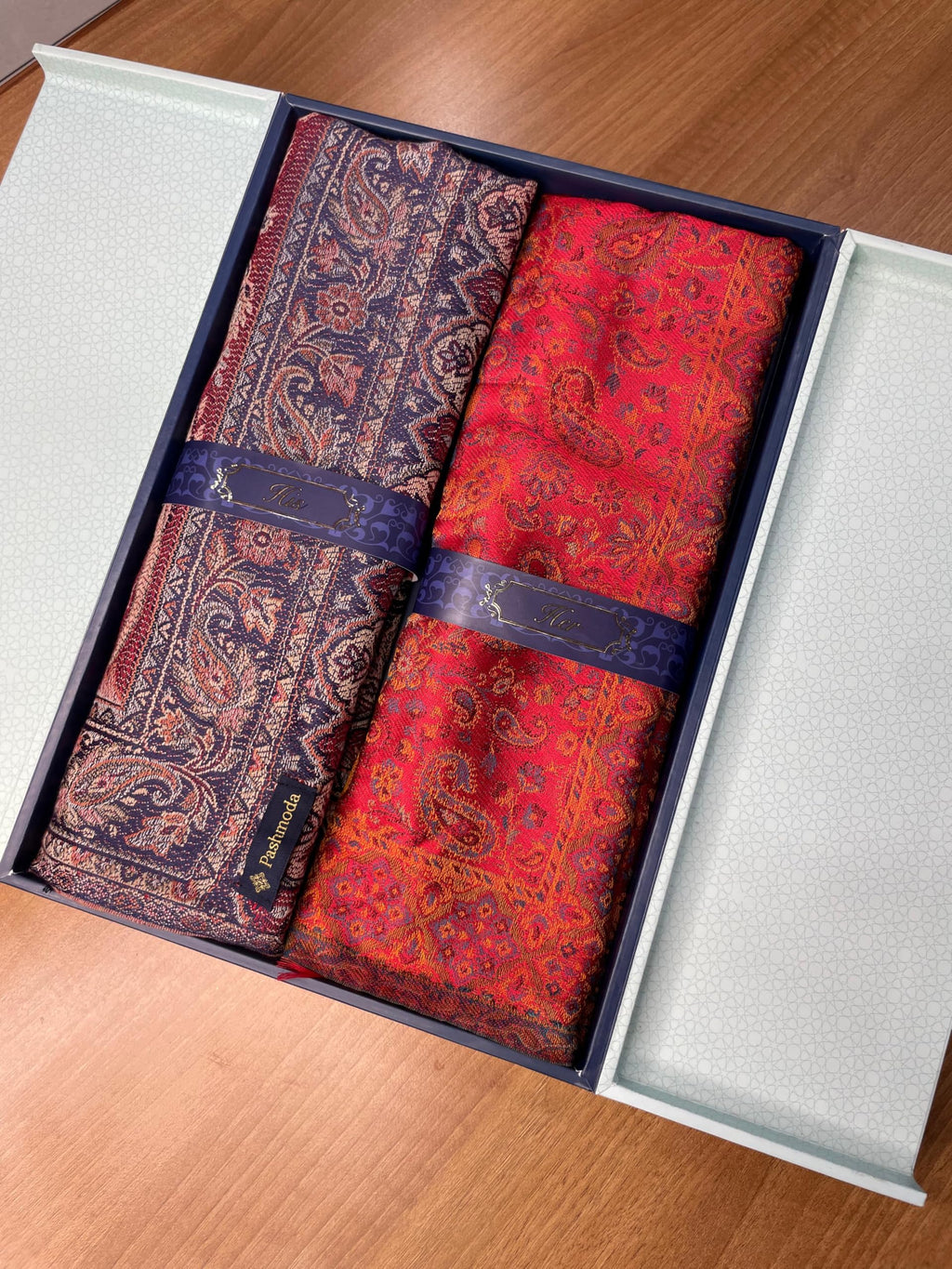 Pashmoda His and Her Gift Set of Jamavar Shawl and kaani Stole With Wooden Gift Box