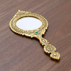 KridayKraft Beautifully Carved Round Shape Framed Gold Plating Metal Hand Mirror For Makeup, Travelling, Salon Mirror & Decorative Mirror Antique Item For Wedding Gifts.