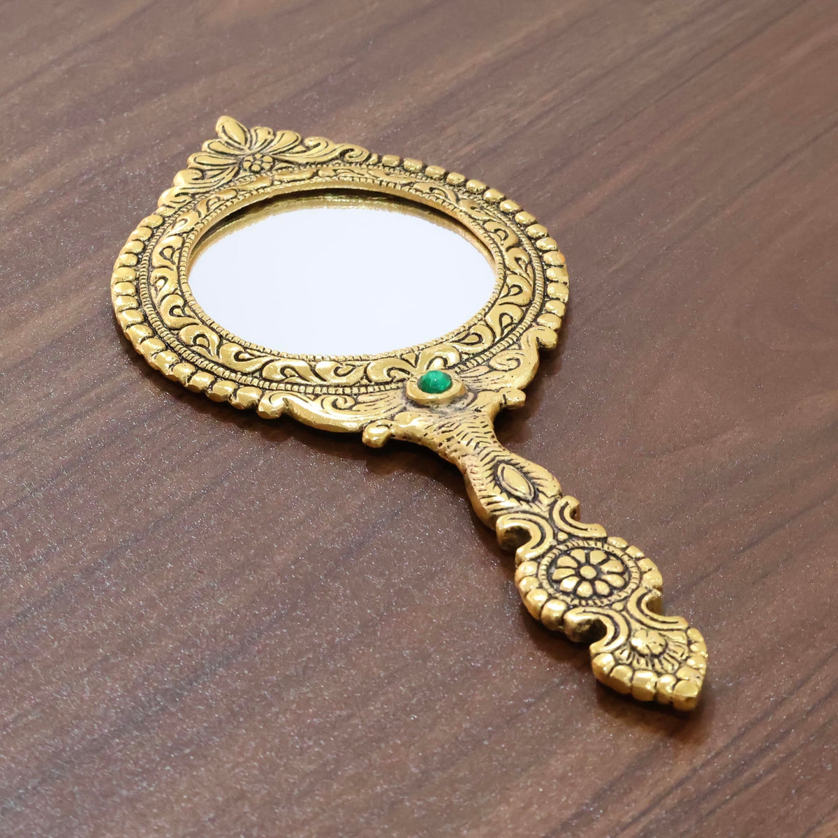 KridayKraft Beautifully Carved Round Shape Framed Gold Plating Metal Hand Mirror For Makeup, Travelling, Salon Mirror & Decorative Mirror Antique Item For Wedding Gifts.