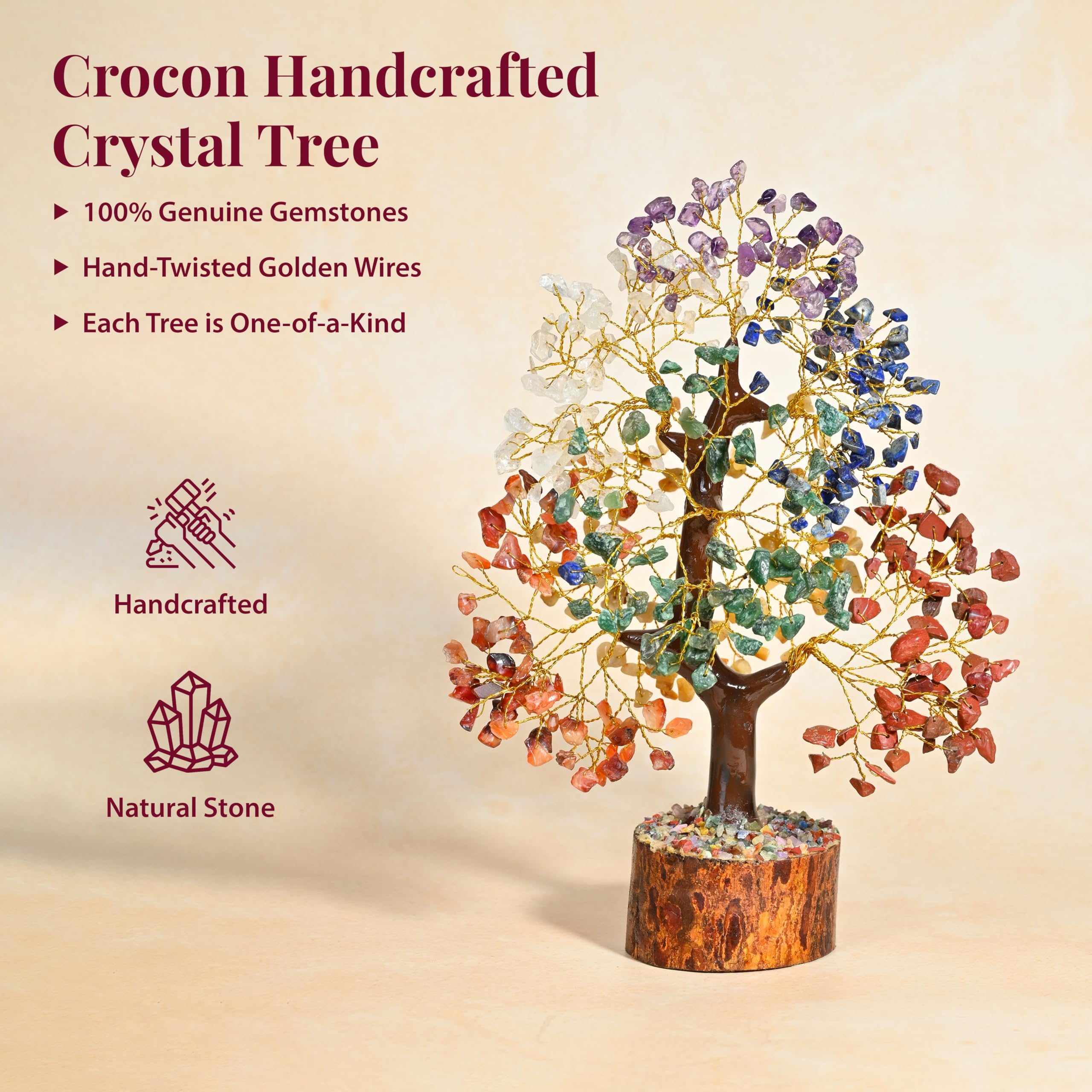 HindCraft 7 Chakra Crystal Tree- 500 Beads – Healing Crystal Bonsai Tree with Gemstones for Energy Balancing, Prosperity & Meditation – Feng Shui Spiritual Gift for Home & Office Décor (10-12 Inch)