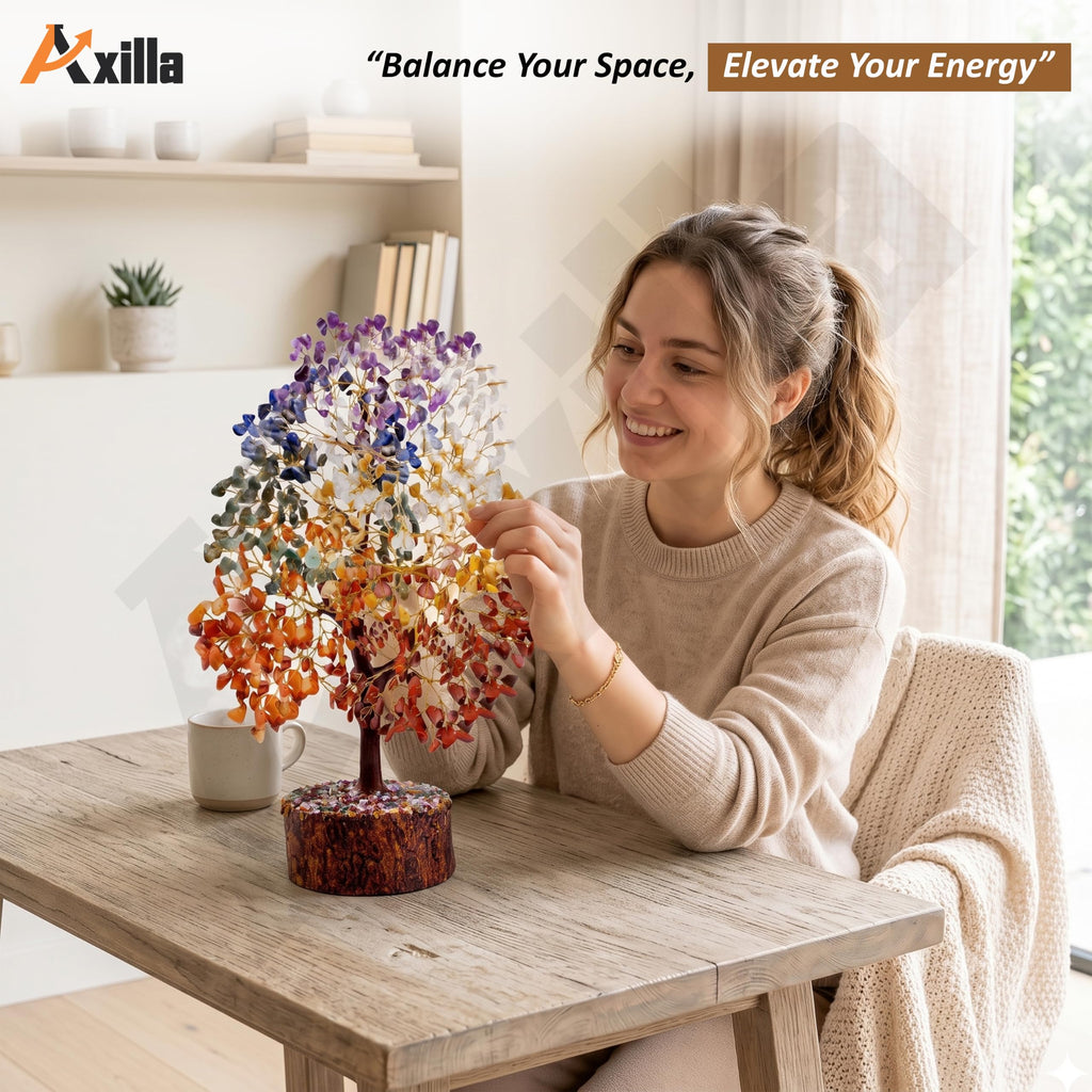 Axilla 500 Beads 7 Chakra Crystal Tree of Life for Positive Energy | Big Size Natural Healing Gemstone Money Tree | Showpiece for Home Decor, Living Room & Office Desk | Feng Shui Luck (Multicolor)