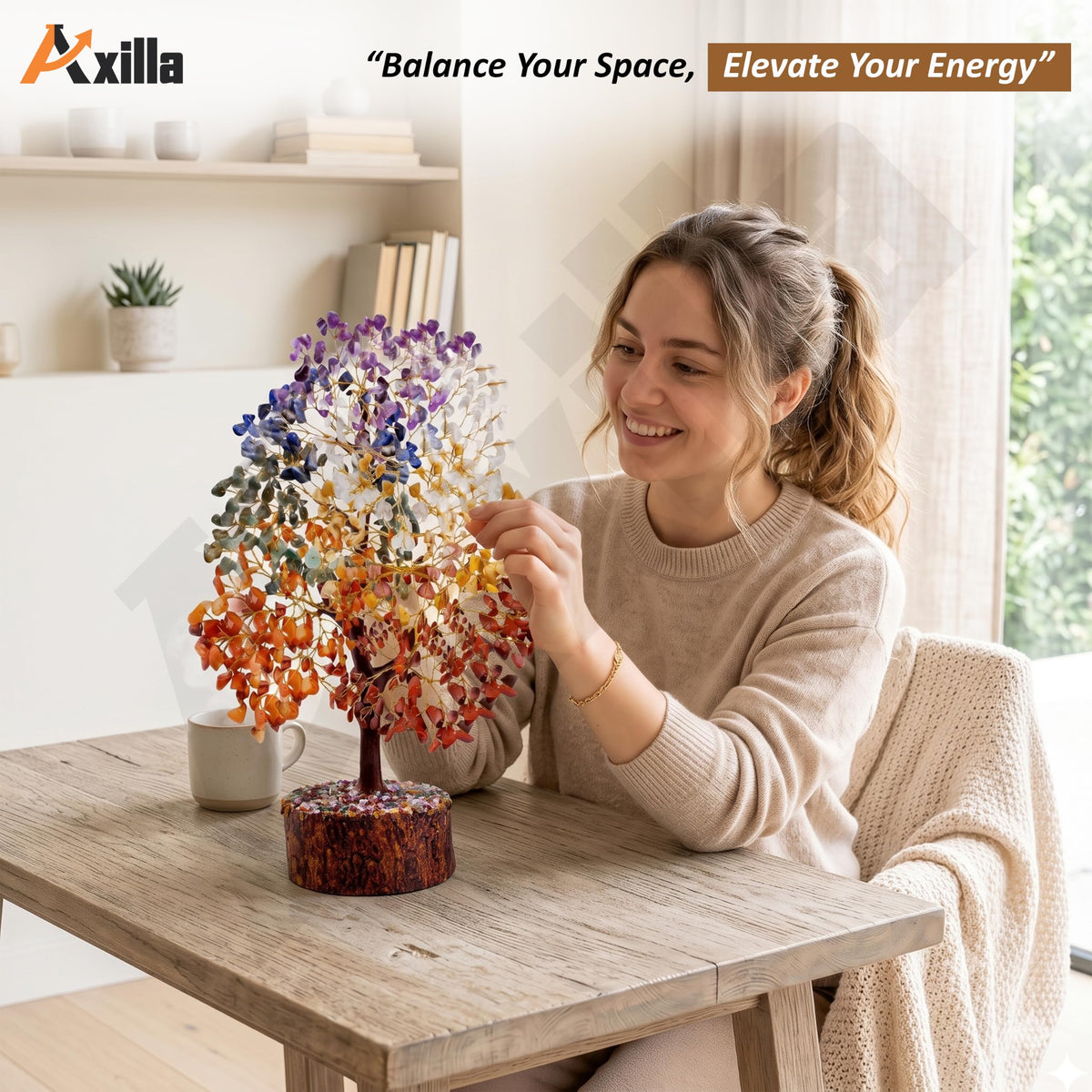 Axilla 500 Beads 7 Chakra Crystal Tree of Life for Positive Energy | Big Size Natural Healing Gemstone Money Tree | Showpiece for Home Decor, Living Room & Office Desk | Feng Shui Luck (Multicolor)