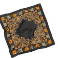 Silk Scarf Square, Paisley Floral Print with Sunflower Border, Black with Brown and Yellow Design, 28x28 cm, Luxury Neck Wrap