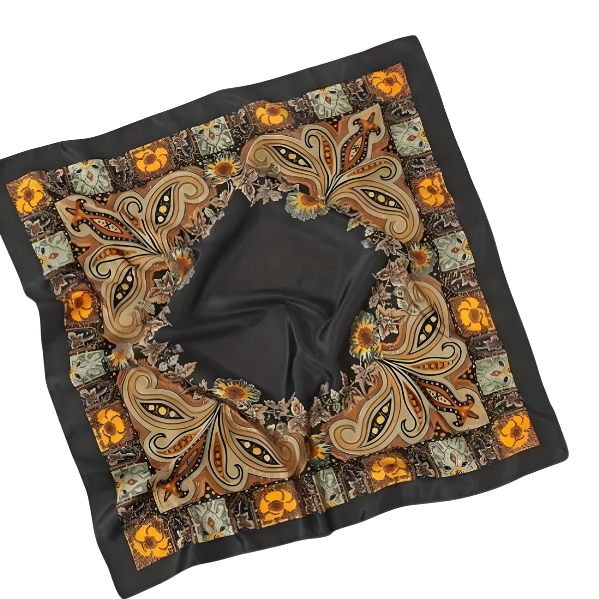 Silk Scarf Square, Paisley Floral Print with Sunflower Border, Black with Brown and Yellow Design, 28x28 cm, Luxury Neck Wrap