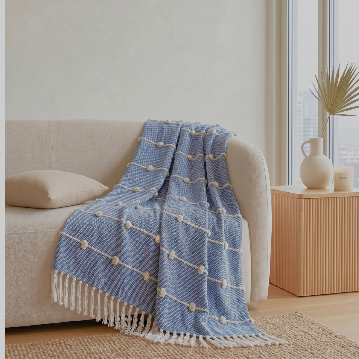 SAJAVAT HOME Hand-Knitted Cotton Sofa Throw | All-Season Throw Blanket for Sofa, Bed, Couch, Chair & Travel | 80×52 Inches (204×132 cm) | Calm Blue with Tassels | Pack of 1 Kafalo