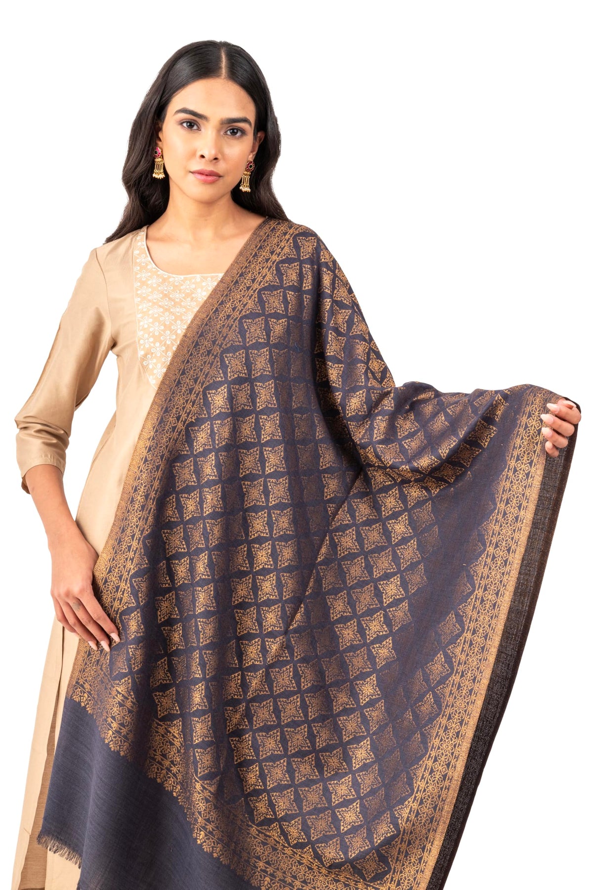 Naureen Women Pashmina Blend Stole with Zari, Warm and Soft, 28x80 inch
