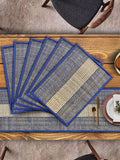 KalaTree Dining Table Mats Set of 6 Pieces with Runner Reversible Handmade Heat Resistant Placemats | Korai River Grass Madurkathi | Natural Eco Friendly | Graceful Blue Tablemats Kafalo