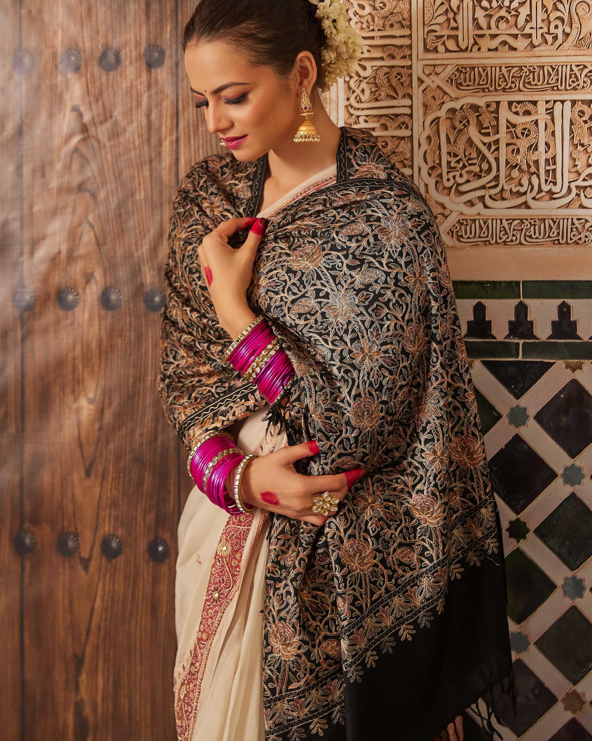 Pashmoda Women Shaguft Wool Blend Nalki Embroidered Stole, Shawl and Wrap, Luxury Pashmina Evening Wrap (Size: 71X203 CM)