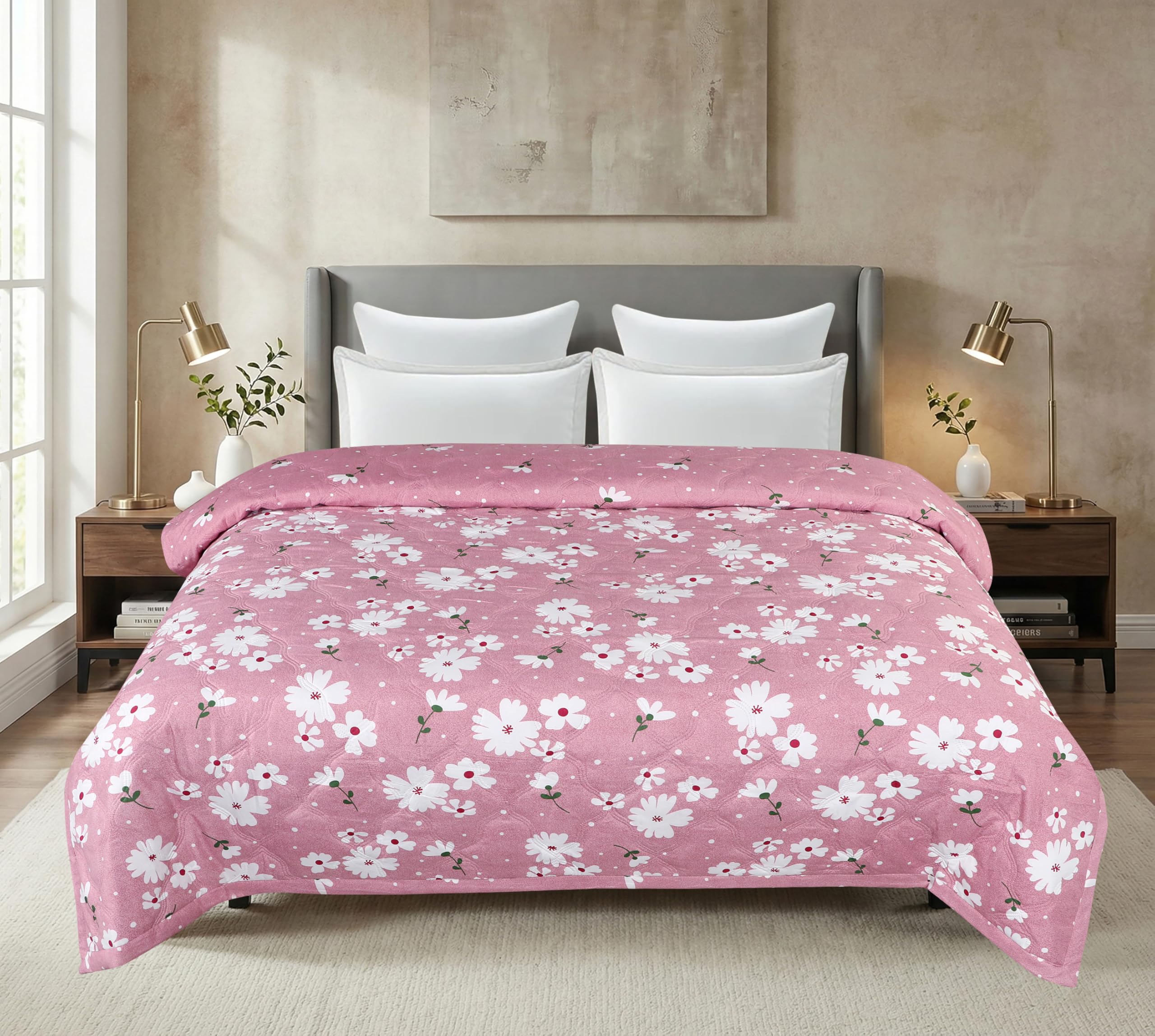 A HOMES GRACE Reversible Dohar Comforter for Single Size Bed (160 x 220 cm)|Lightweight AC Blanket Quilt with Soft Pink with Floral Print|Microfiber Soft Bedding for Home & Travel Kafalo